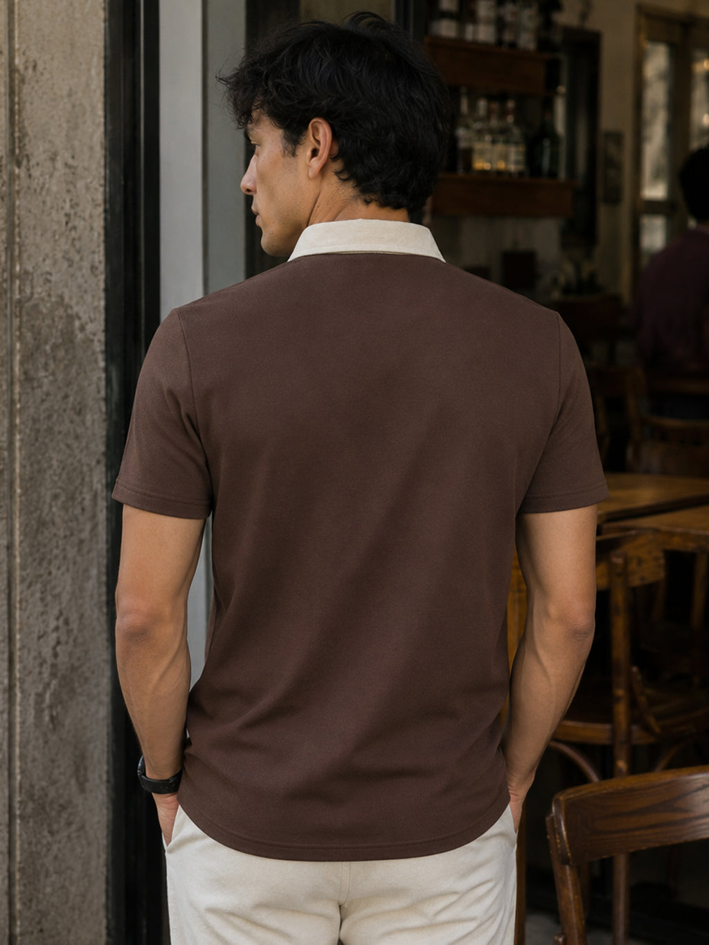 CAHOOT Brown Contrast Cream-Collar Regular Fit Polo - view 3