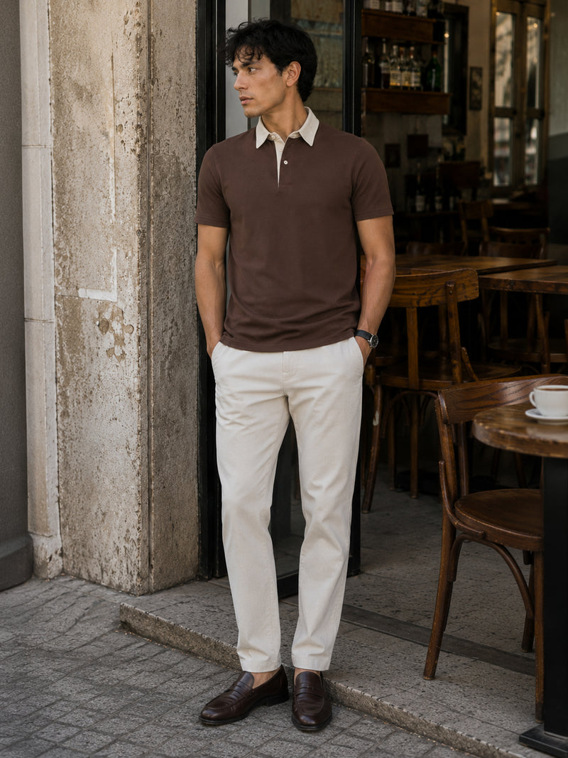 CAHOOT Brown Contrast Cream-Collar Regular Fit Polo - view 4