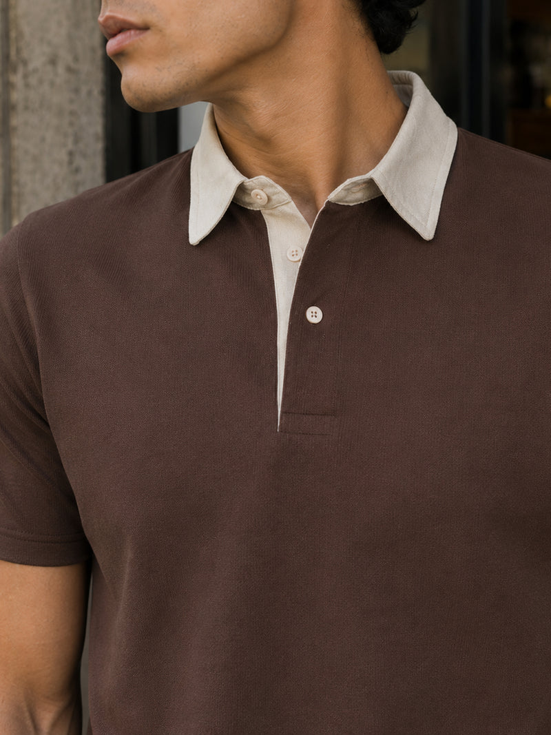 CAHOOT Brown Contrast Cream-Collar Regular Fit Polo - view 5