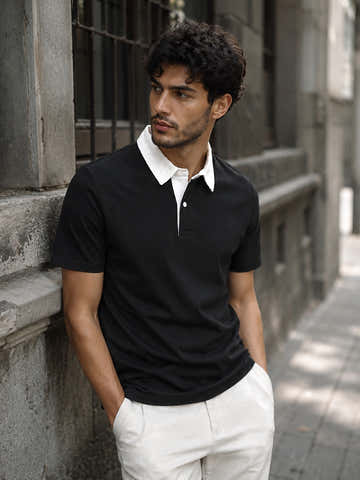 Black Contrast White-Collar Regular Fit Polo