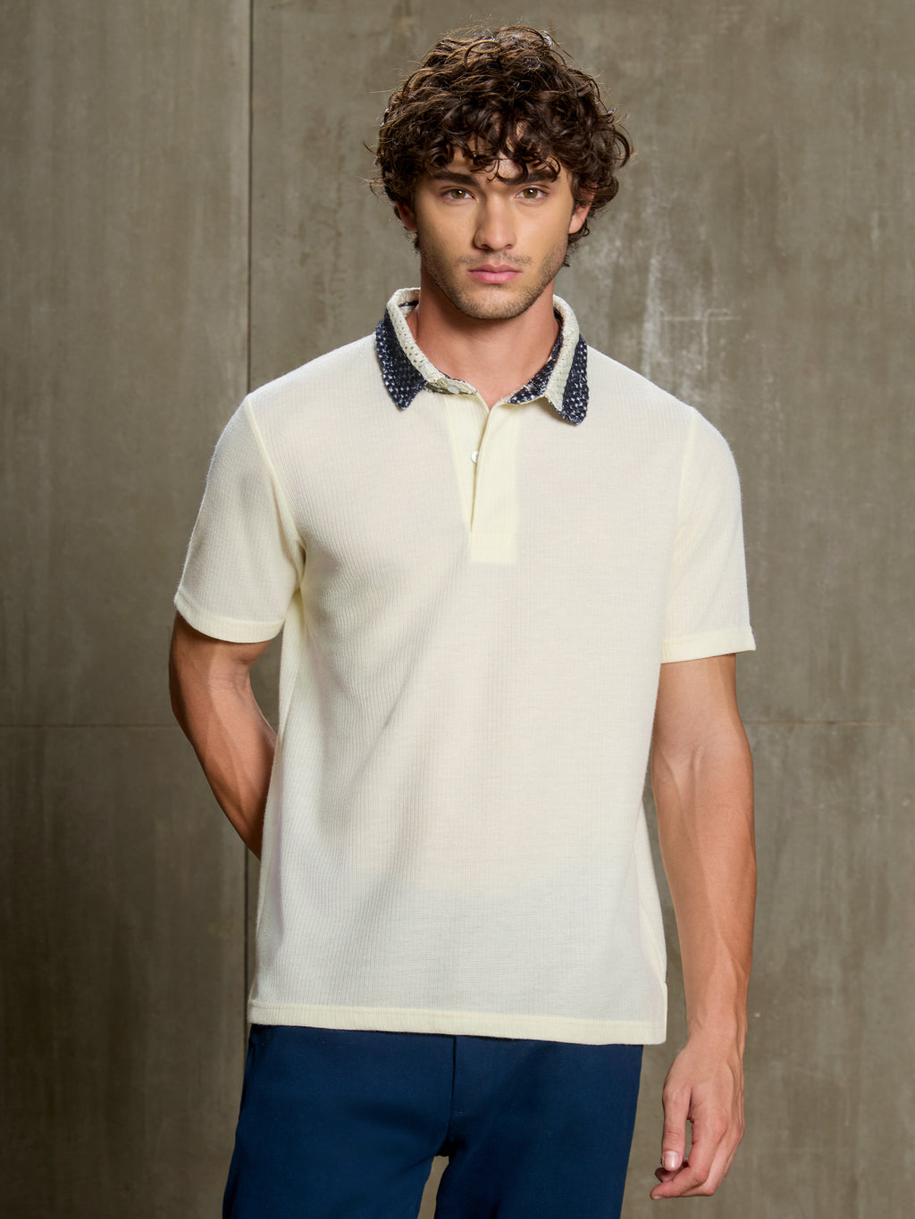 Cahoot Men's Off White Polo With Crochet Collar - view 2