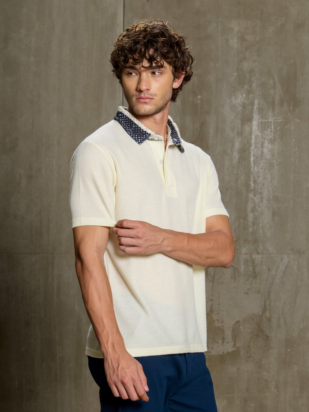 Cahoot Men's Off White Polo With Crochet Collar - view 6
