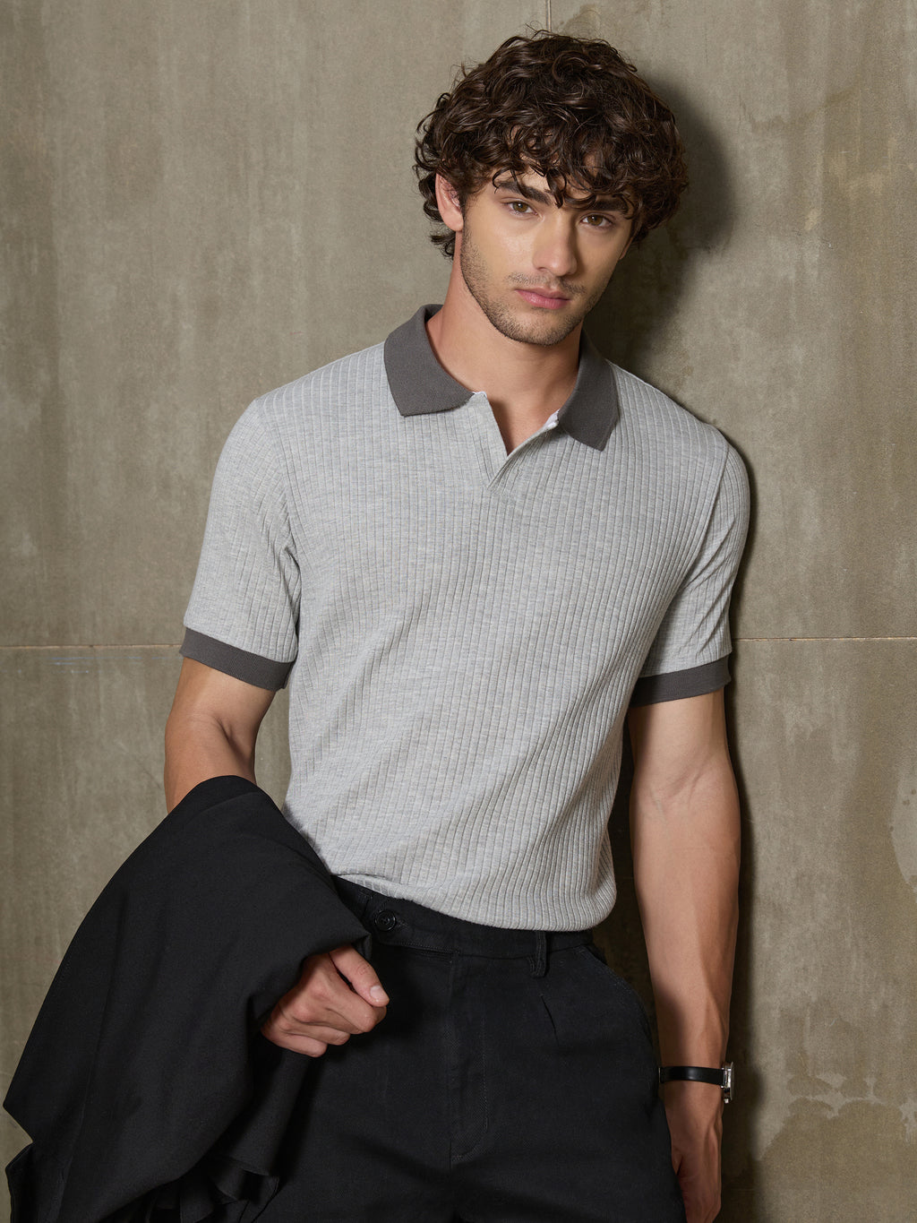 Cahoot Men's Grey Ribbed Cotton Polo With Jacquard Collar - view 1