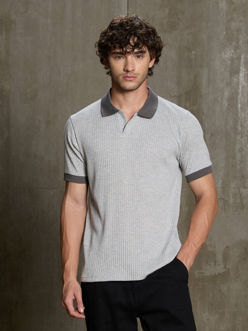 Cahoot Men's Grey Ribbed Cotton Polo With Jacquard Collar - view 2