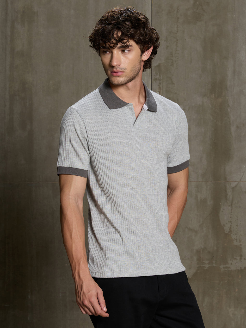 Cahoot Men's Grey Ribbed Cotton Polo With Jacquard Collar - view 3