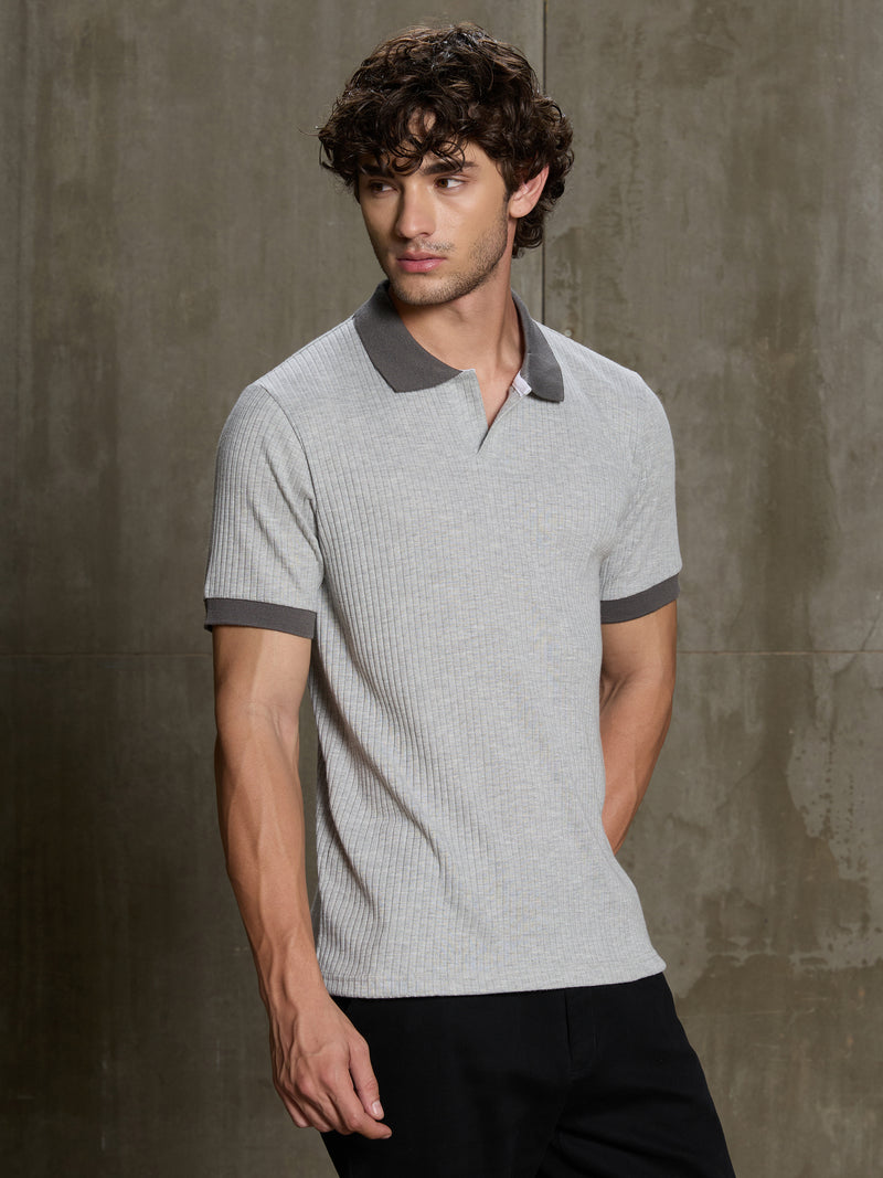 Cahoot Men's Grey Ribbed Cotton Polo With Jacquard Collar - view 3