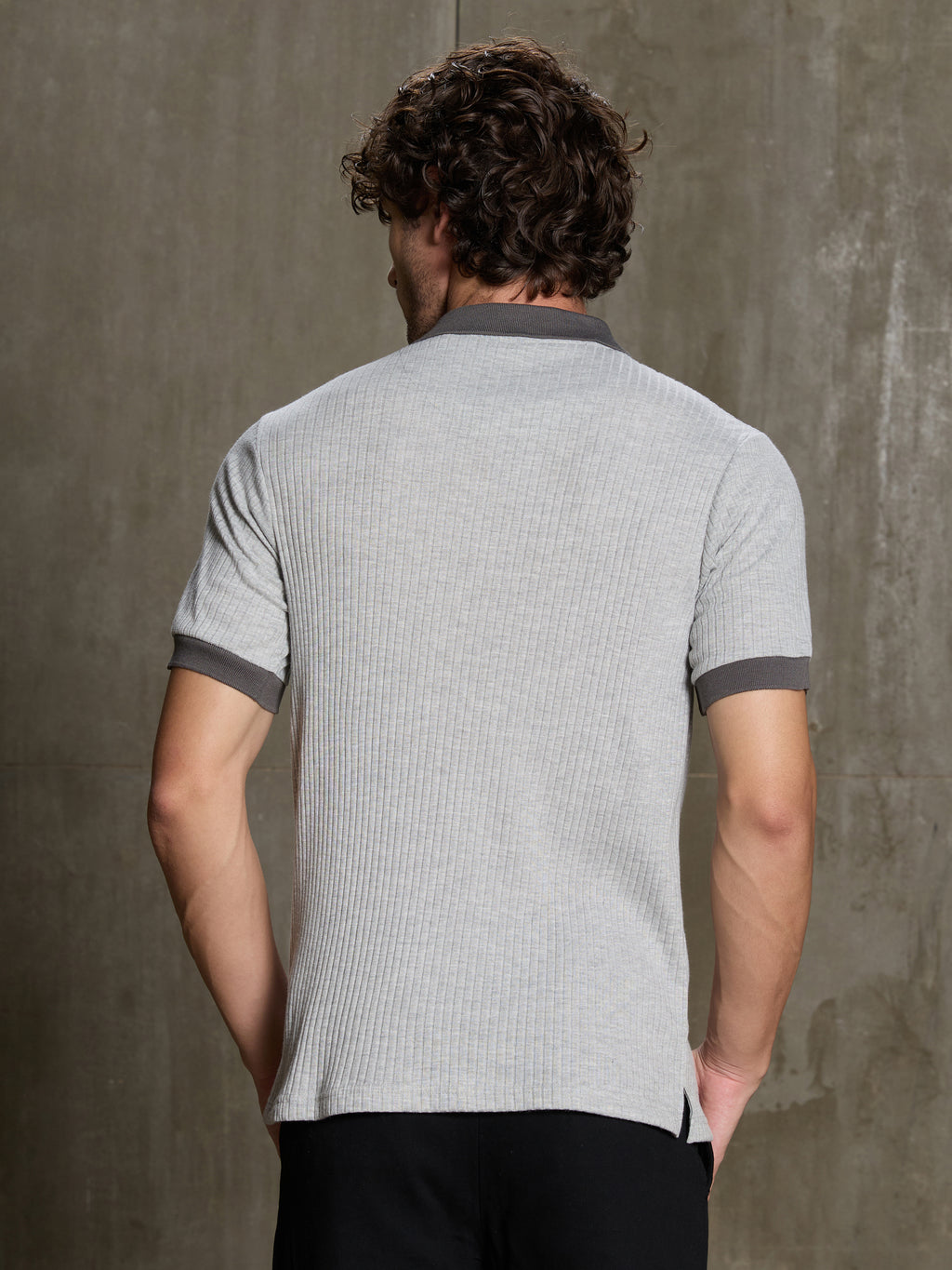 Cahoot Men's Grey Ribbed Cotton Polo With Jacquard Collar - view 4