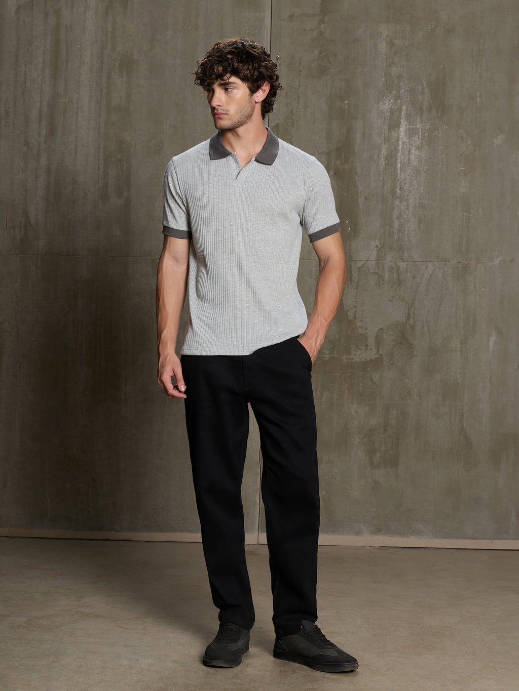 Cahoot Men's Grey Ribbed Cotton Polo With Jacquard Collar - view 5