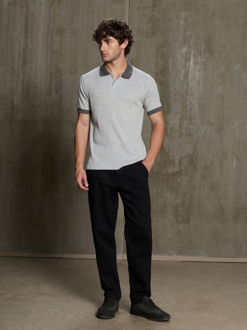 Cahoot Men's Grey Ribbed Cotton Polo With Jacquard Collar - view 5