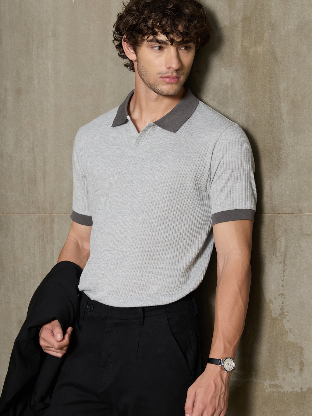 Cahoot Men's Grey Ribbed Cotton Polo With Jacquard Collar - view 6