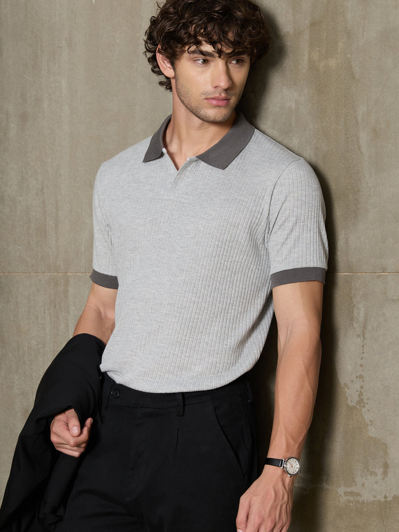 Cahoot Men's Grey Ribbed Cotton Polo With Jacquard Collar - view 6