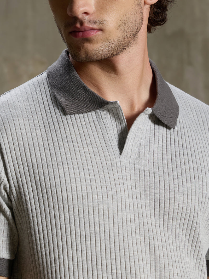Cahoot Men's Grey Ribbed Cotton Polo With Jacquard Collar - view 7