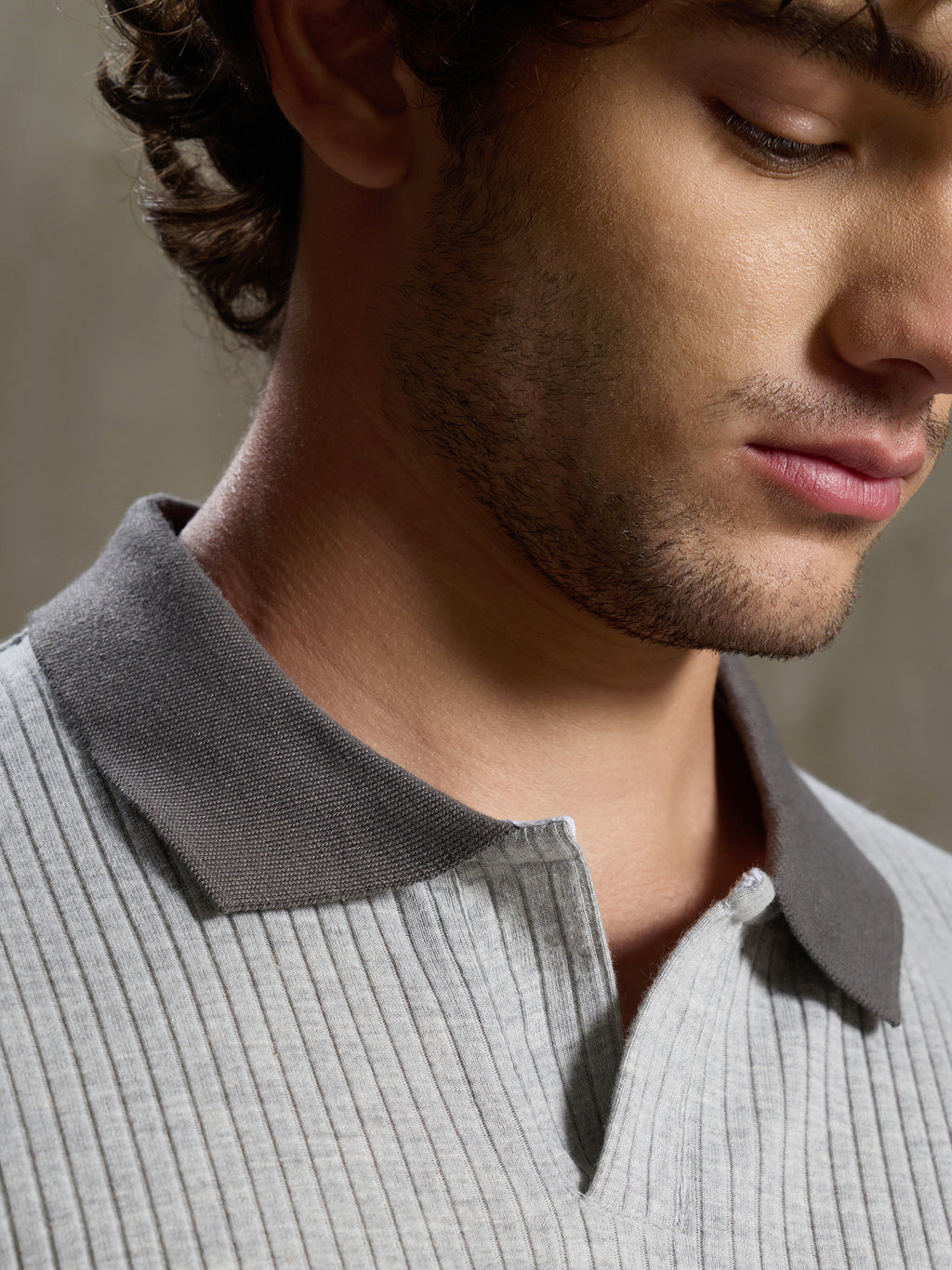Cahoot Men's Grey Ribbed Cotton Polo With Jacquard Collar - view 8