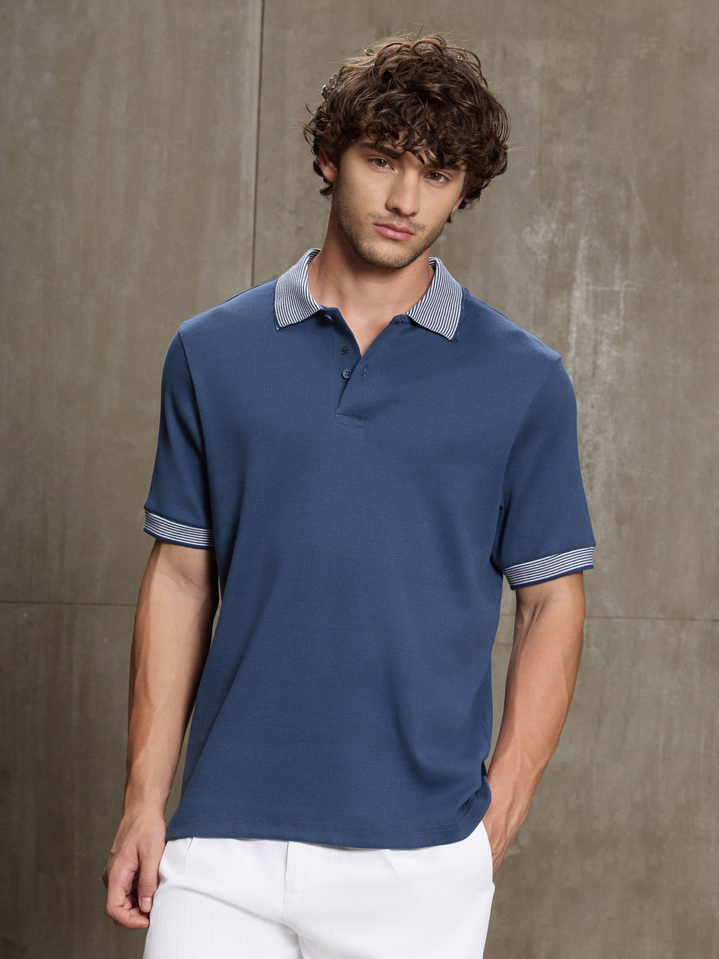 Cahoot Men's Blue Ribbed Polo With Tipping Collar - view 2
