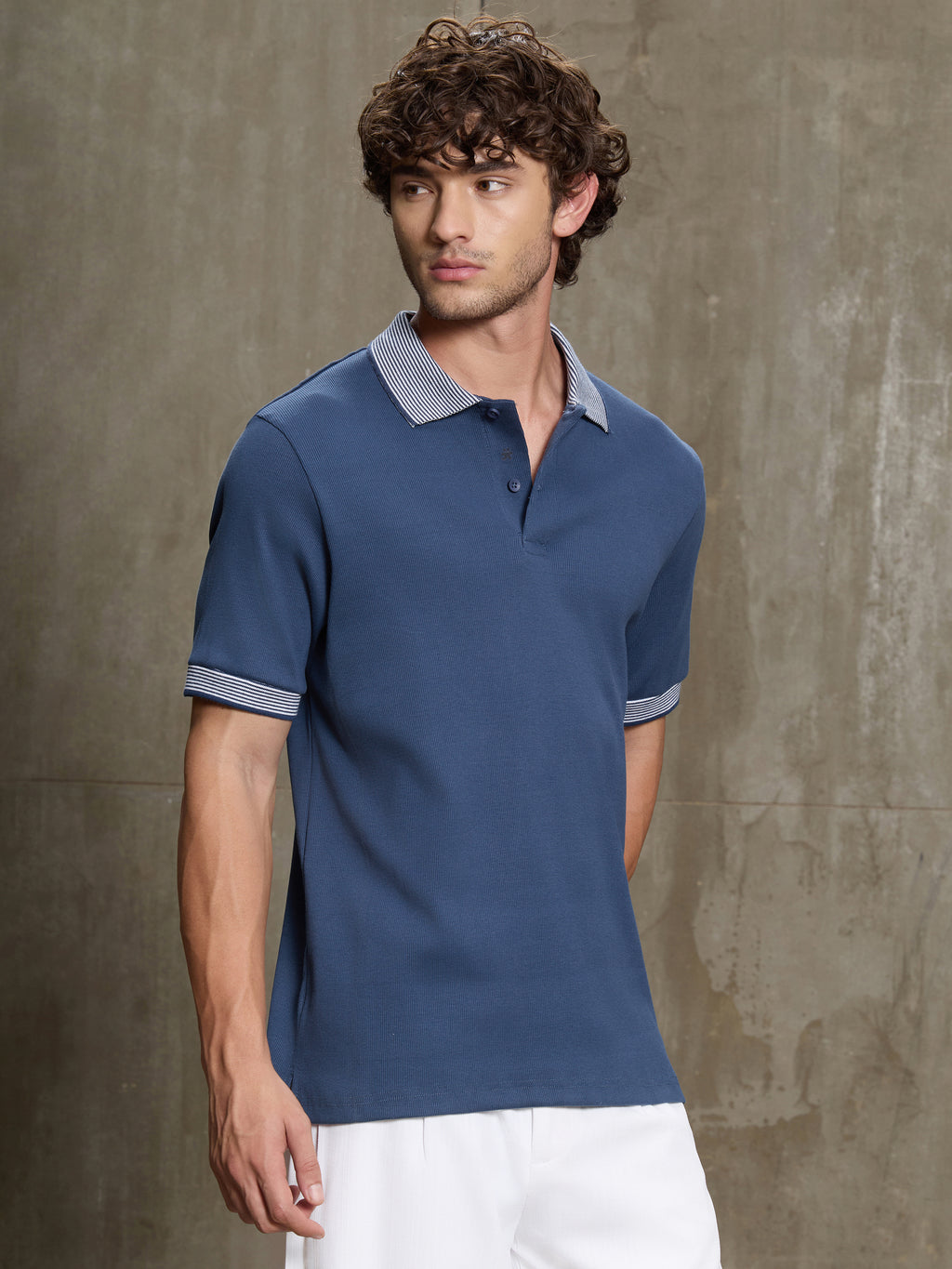 Cahoot Men's Blue Ribbed Polo With Tipping Collar - view 3