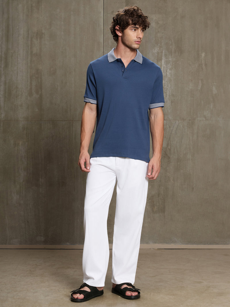Cahoot Men's Blue Ribbed Polo With Tipping Collar - view 5