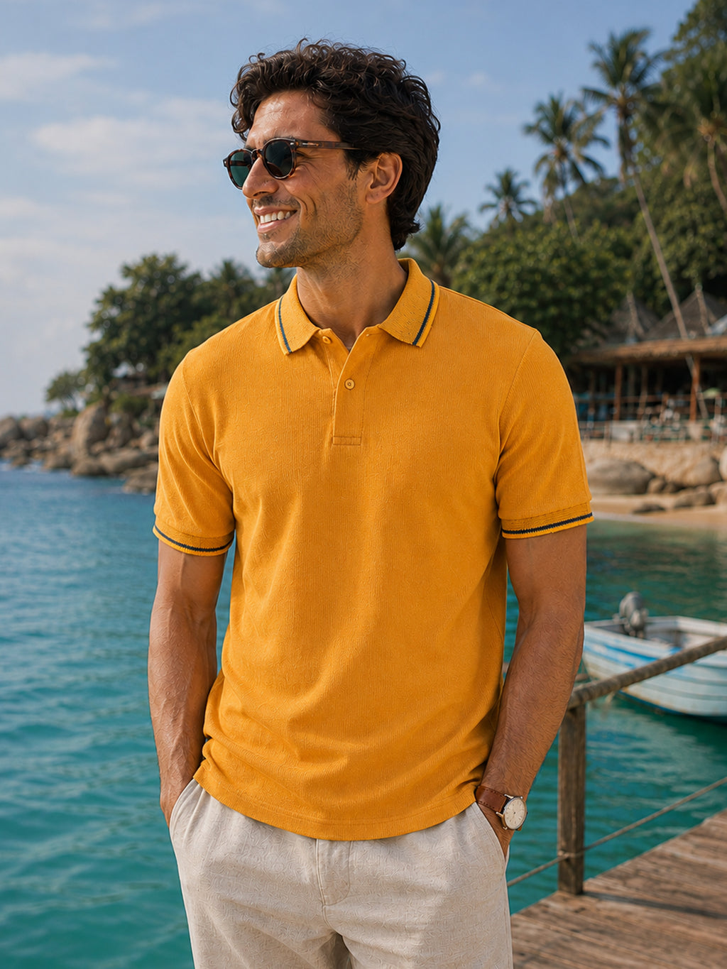 CAHOOT Men's Mustard Solid Polo With Jacquard Collar - view 2