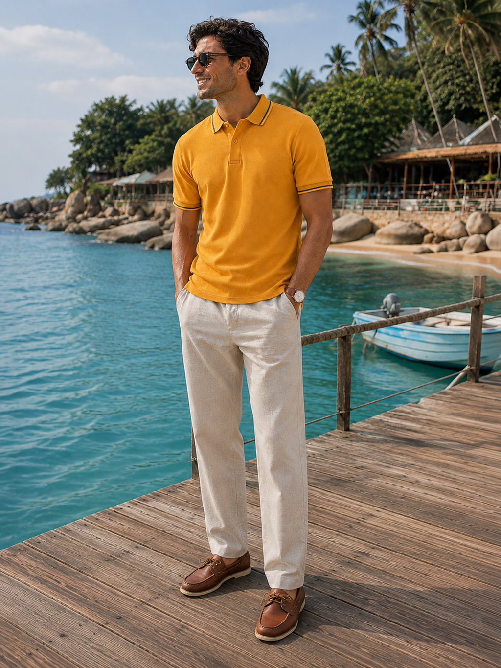CAHOOT Men's Mustard Solid Polo With Jacquard Collar - view 5