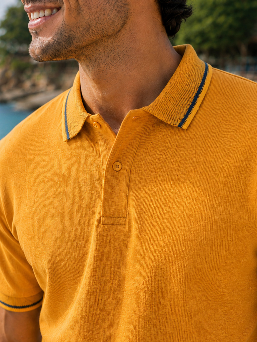 CAHOOT Men's Mustard Solid Polo With Jacquard Collar - view 6