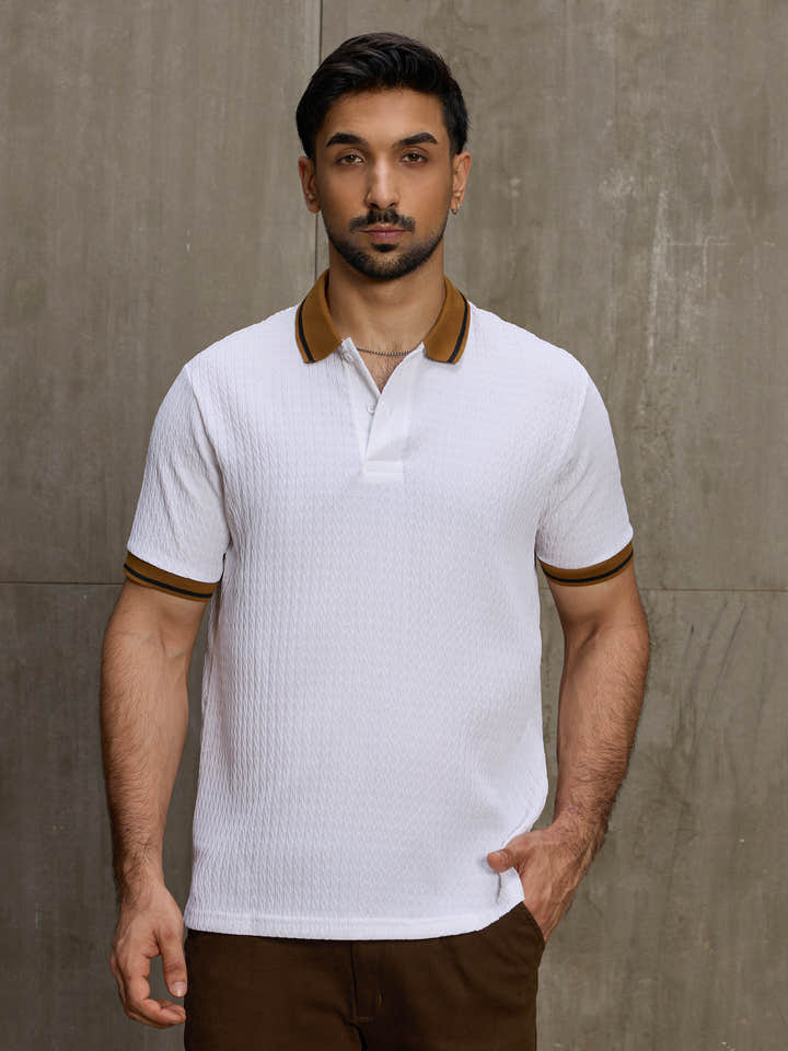 Cahoot Men's White Textured Polo With Contrast Tipping Collar - view 2