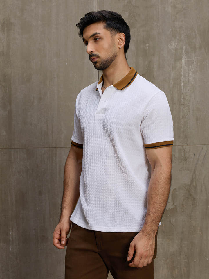 Cahoot Men's White Textured Polo With Contrast Tipping Collar - view 3