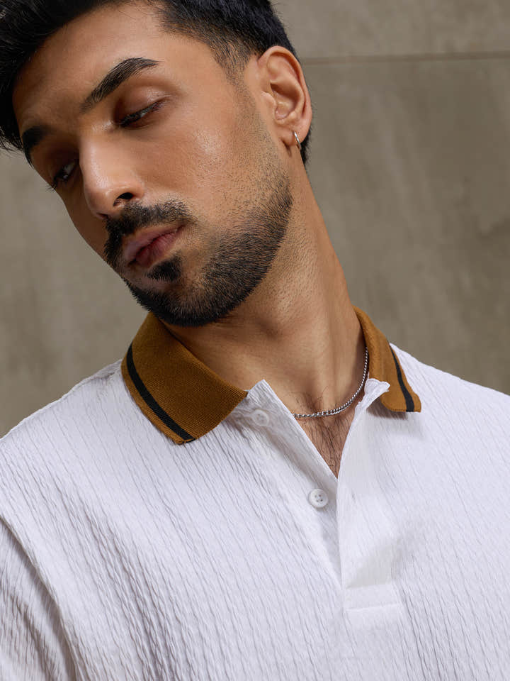 Cahoot Men's White Textured Polo With Contrast Tipping Collar - view 7
