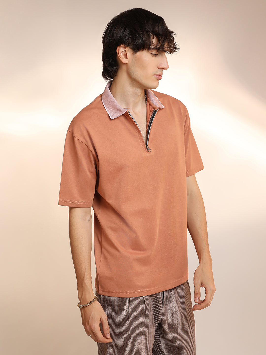 Cahoot men's Cantalope Orange Solid Oversized Polo T-Shirt