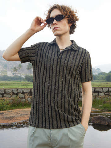 Tactile-Striped Polo T-Shirt