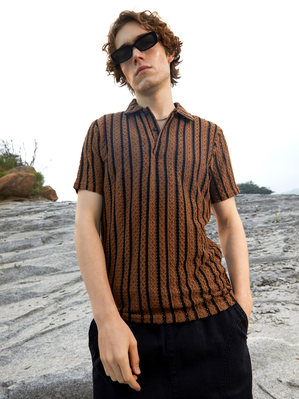 Tactile-Striped Polo T-Shirt