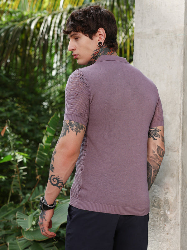 Spiral-Panel Open-Knit Polo T-Shirt