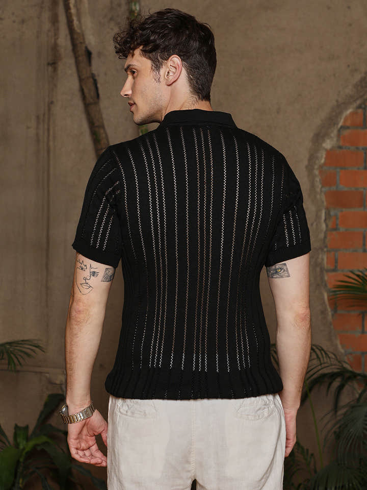Stripe-Textured Polo T-Shirt