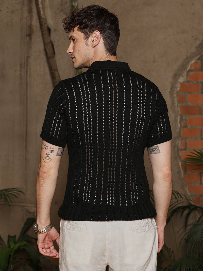 Stripe-Textured Polo T-Shirt