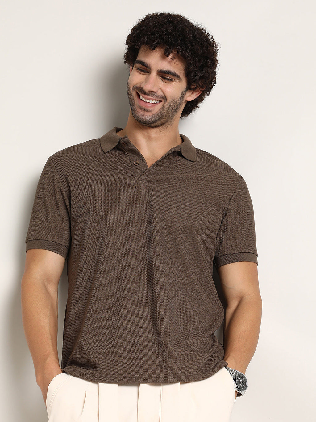 Chainlink-Ribbed Polo T-Shirt