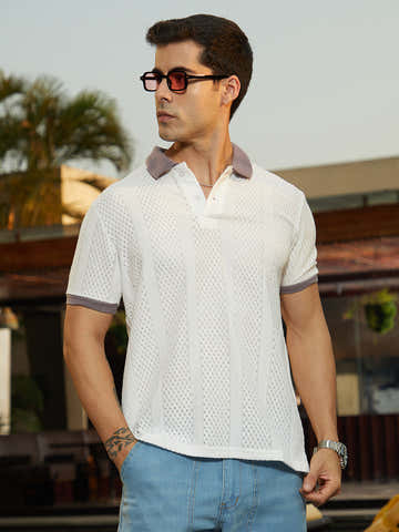 Contrast Open-Knit Polo T-Shirt