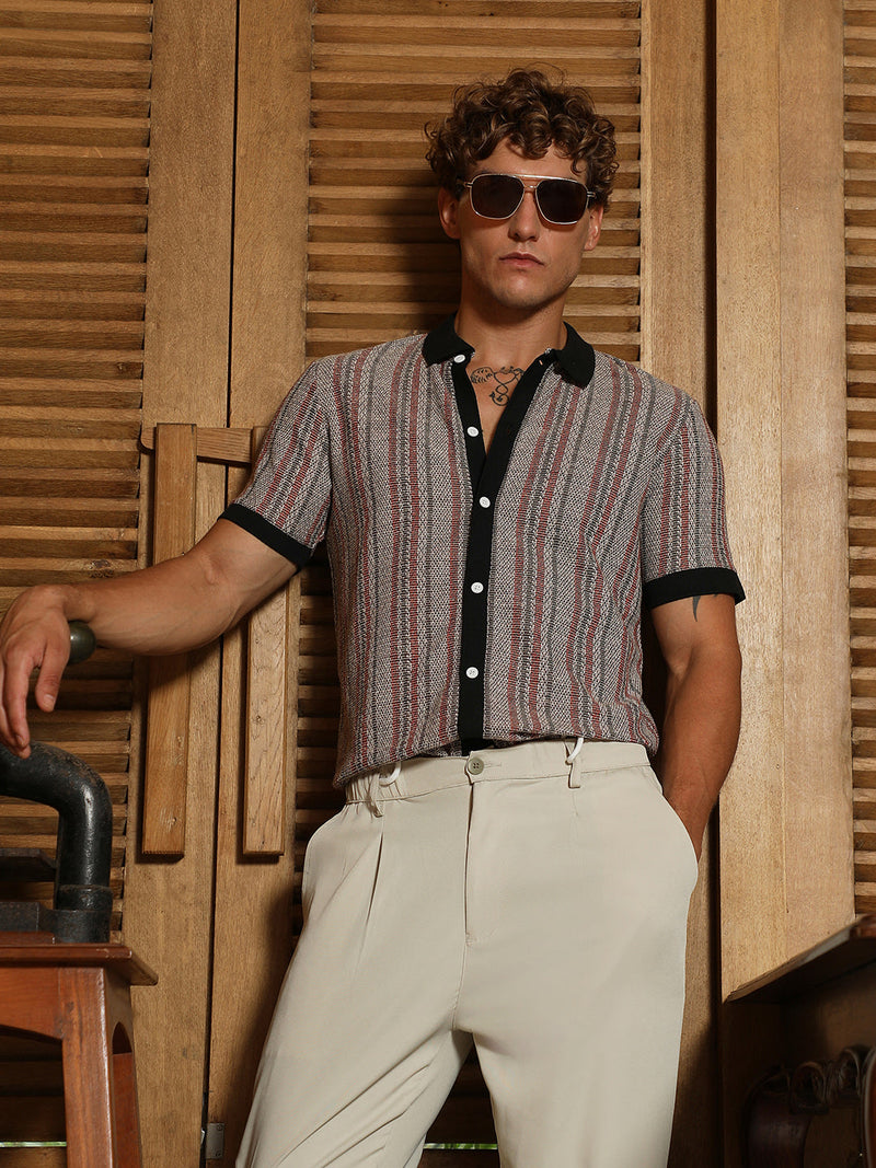 Striped-Knit Polo Shirt