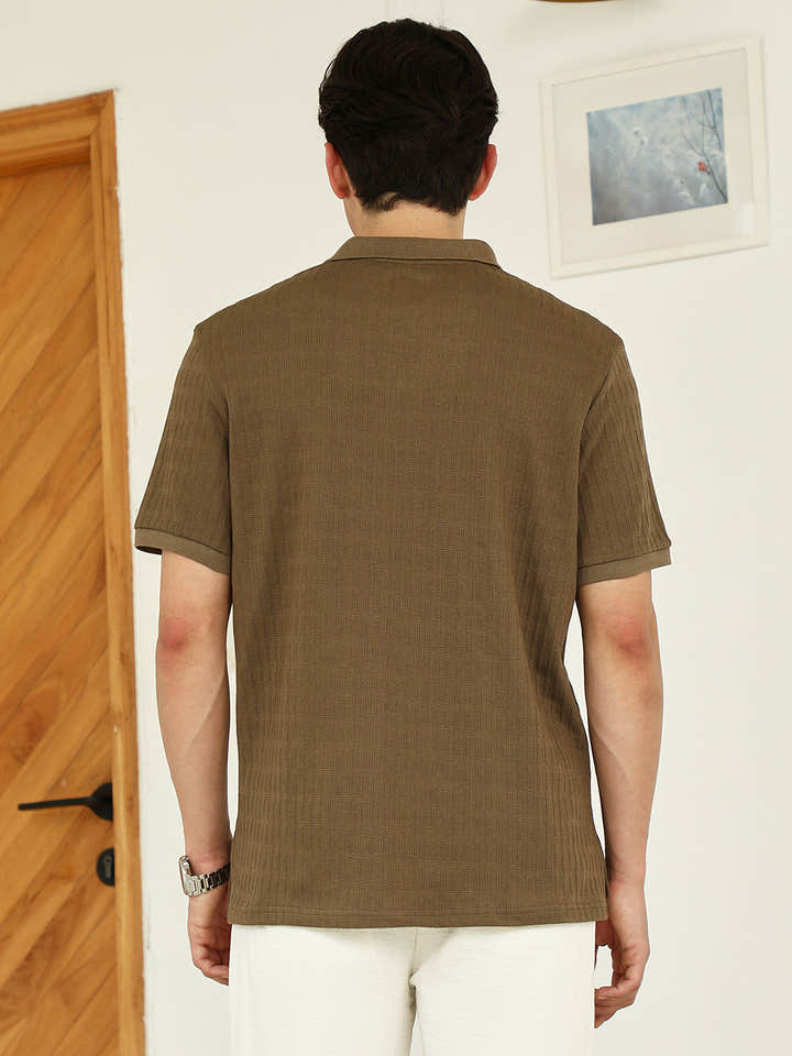 Brown Textured Polo T-shirt - Poly Spandex Blend