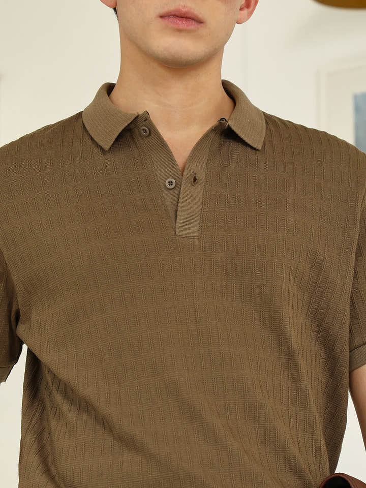 Brown Textured Polo T-shirt - Poly Spandex Blend