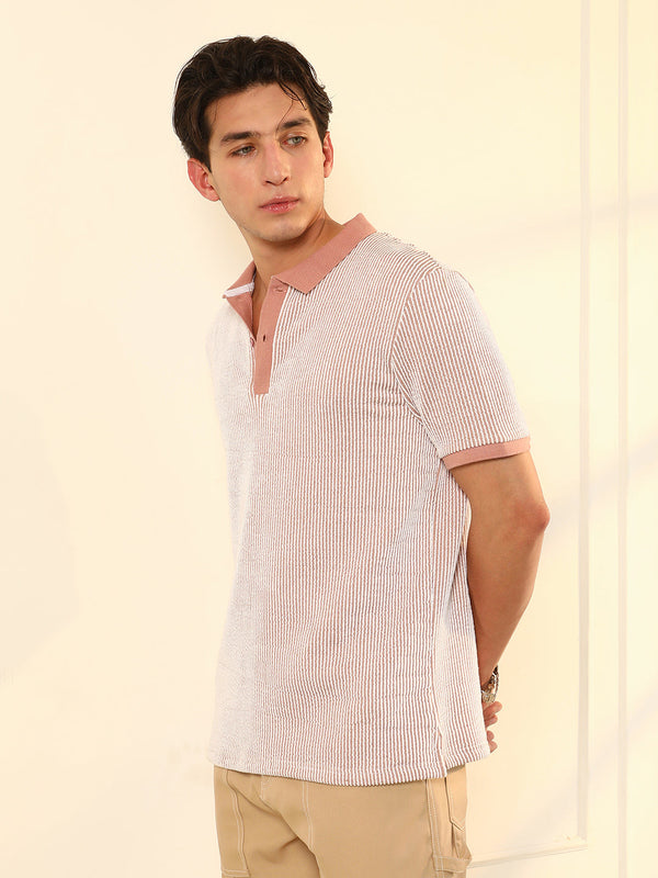 Seersucker-Striped Polo T-Shirt