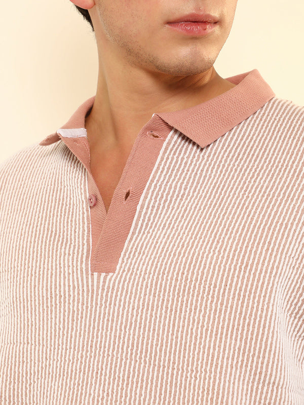 Seersucker-Striped Polo T-Shirt
