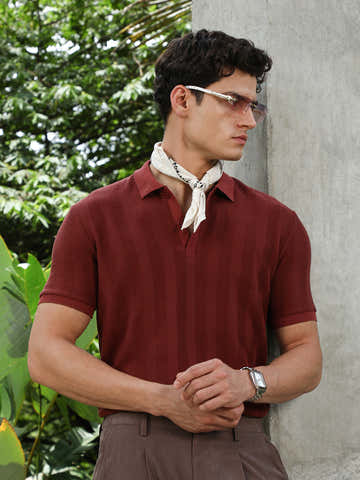 Rust Red Candy Stripe-Knitted Polo T-Shirt