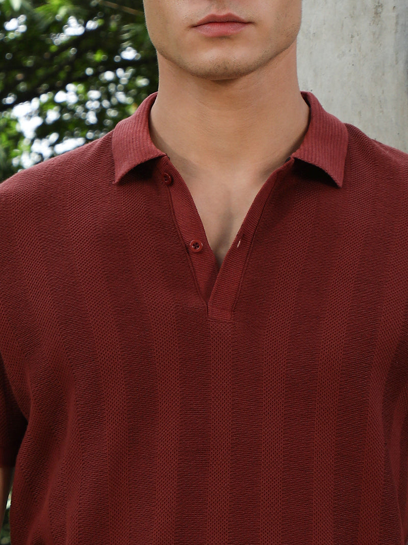 Rust Red Candy Stripe-Knitted Polo T-Shirt