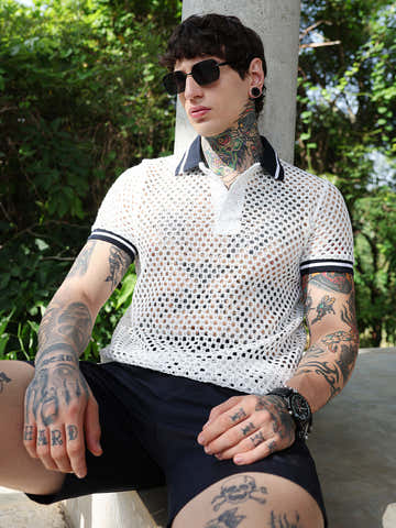 Open-Knit Block Polo T-Shirt