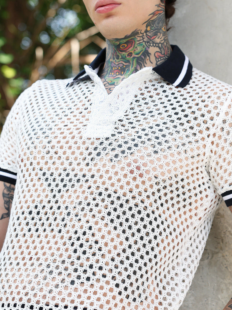 Open-Knit Block Polo T-Shirt