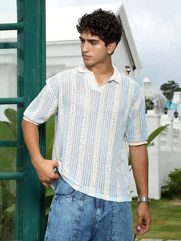 Striped Crochet Polo T-Shirt