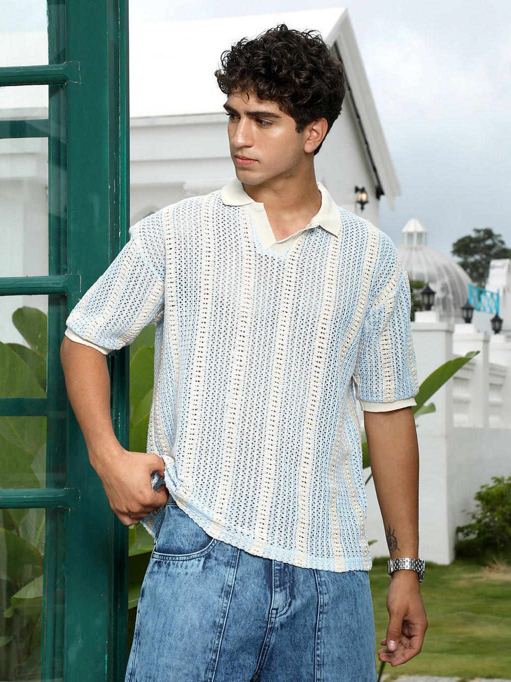 Striped Crochet Polo T-Shirt