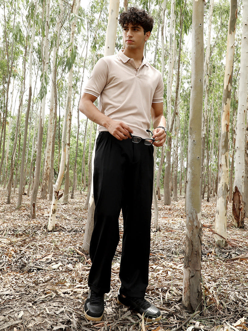 Ribbed-Vined Textured Polo T-Shirt