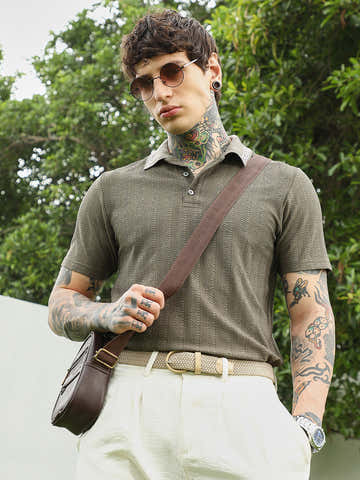 Olive Green Textured Polo T-shirt for Men