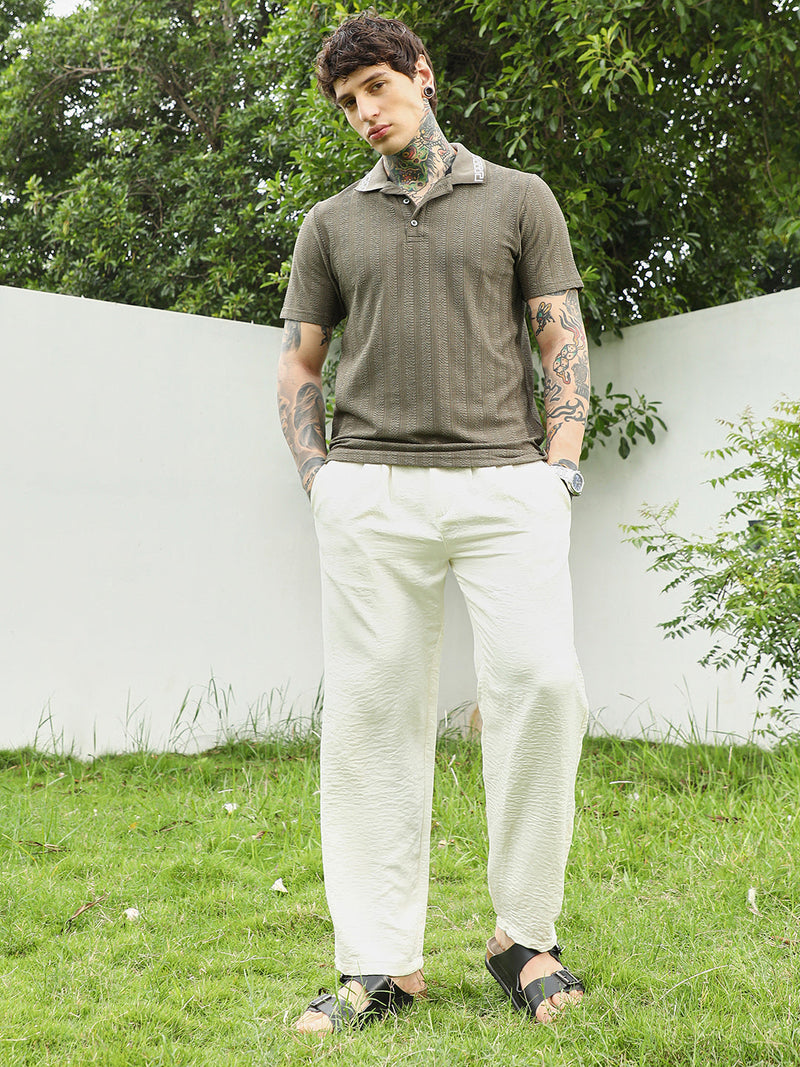 Olive Green Textured Polo T-shirt for Men