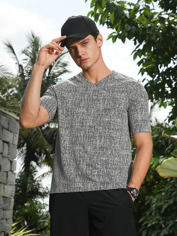 Coin Grey & Midnight Black Contrast-Heathered Knitted T-Shirt