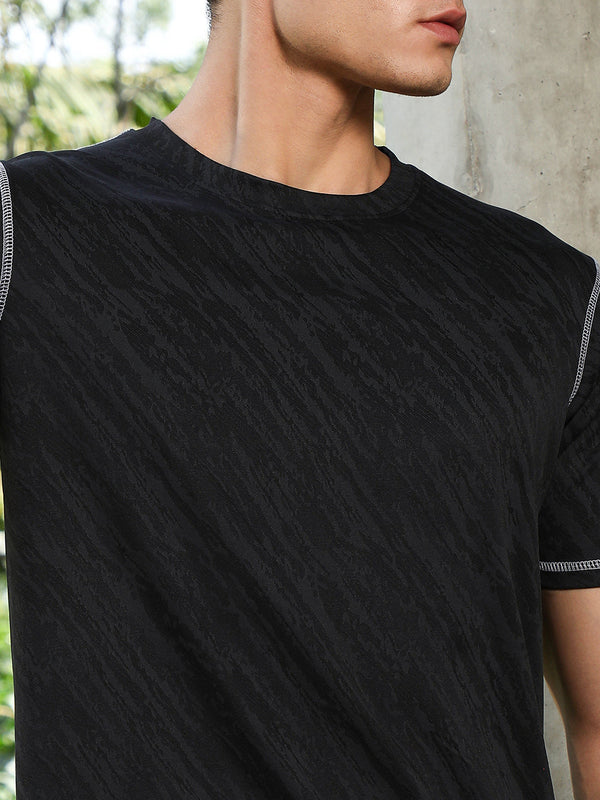 Onyx Black Plash-Imprint Activewear T-Shirt